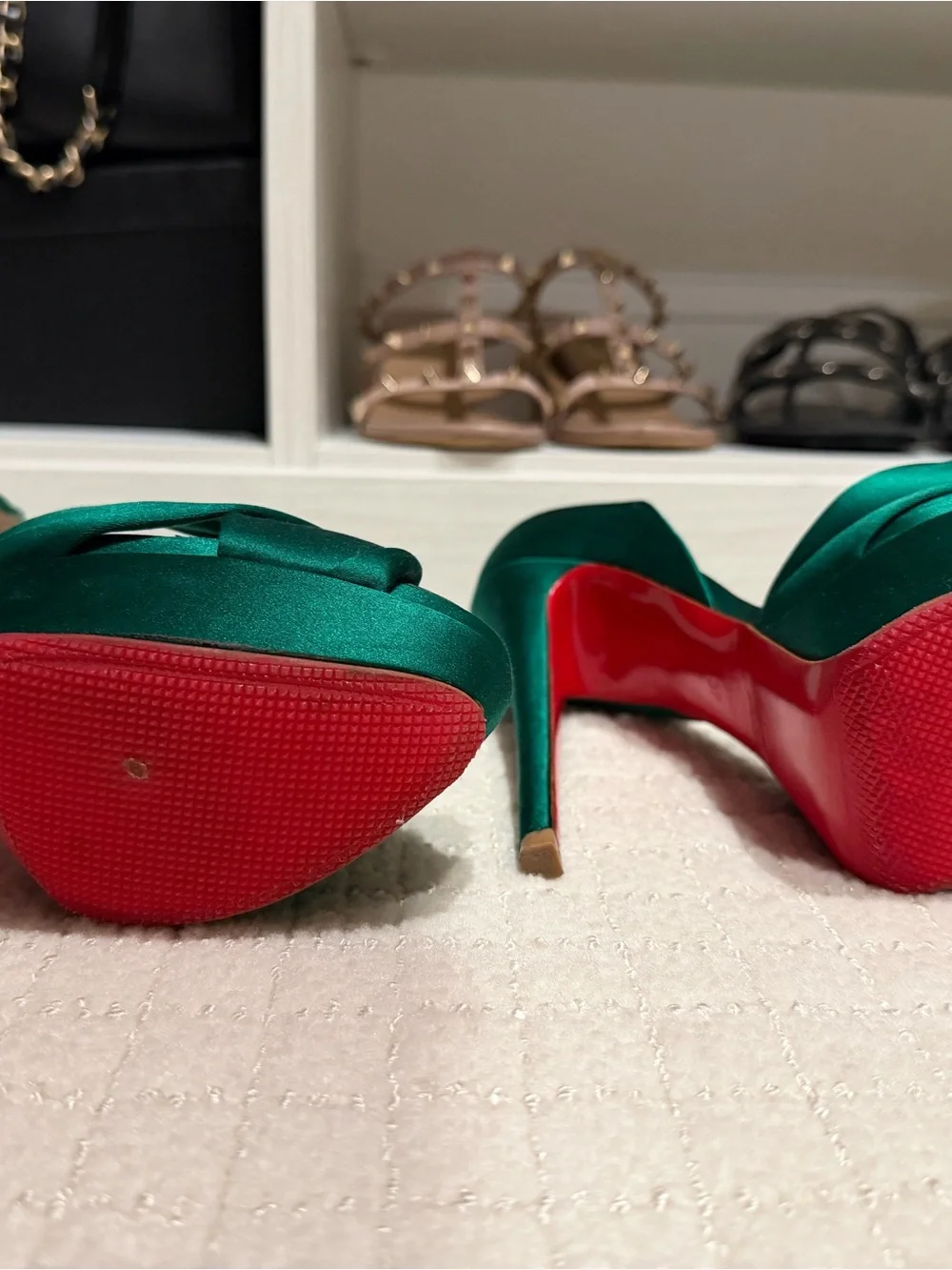 Christian Louboutin Emerald Green Satin Knotted Peep-Toe Platforms
